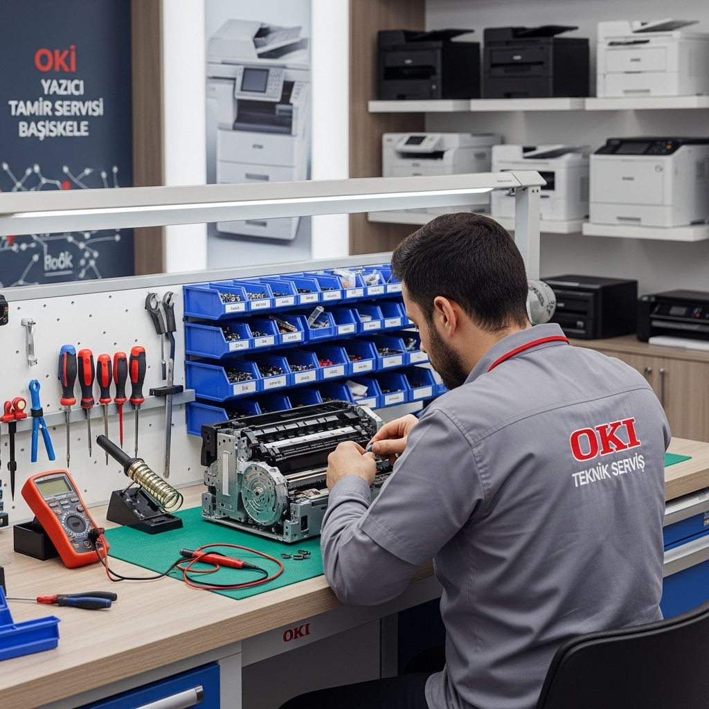 Generate a high-quality, relevant image prompt for an article about: Oki Yazıcı Tamir Servisi Baş